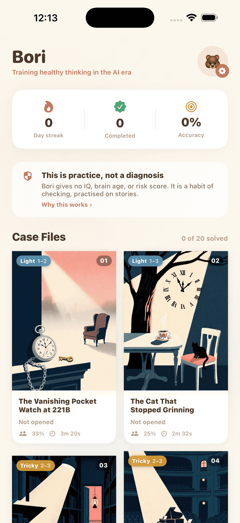 Bori home — case files, streak, and a note on the research behind the training