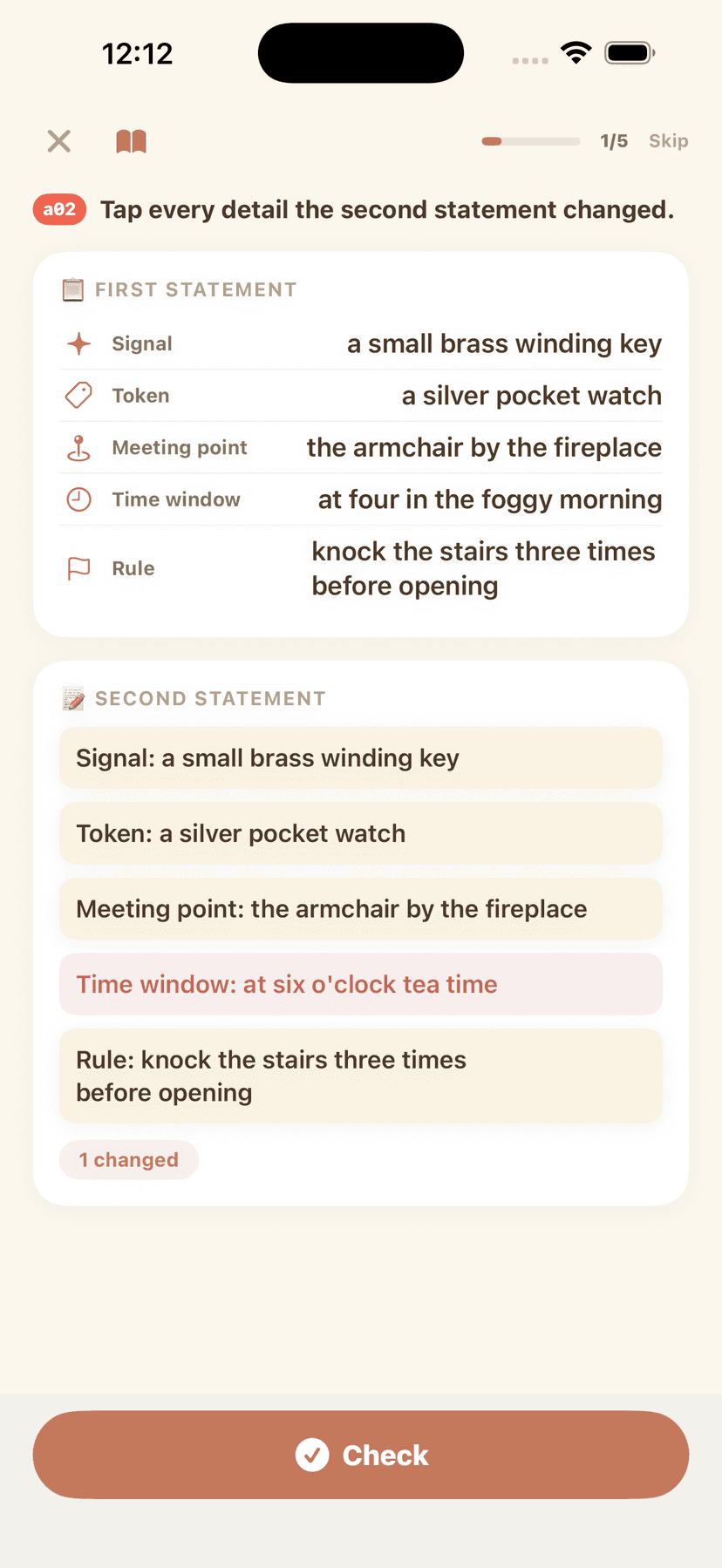 Spot the Change — two statements side by side, tap what the second one altered