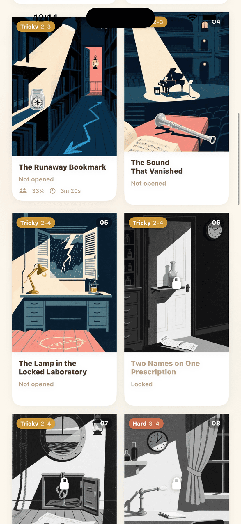 Twenty illustrated cases, each with its own difficulty band