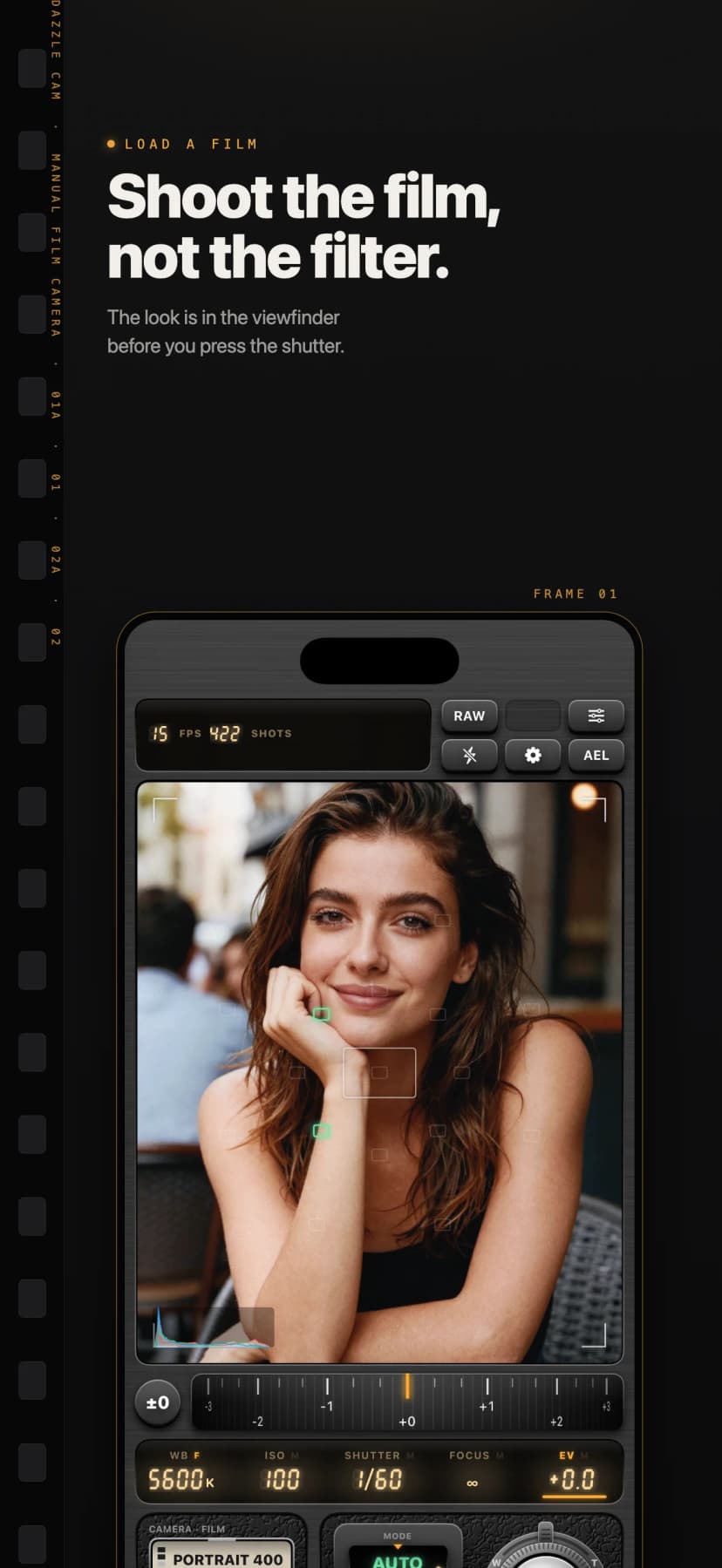 Load a film: a portrait shown through the viewfinder with the film look already applied