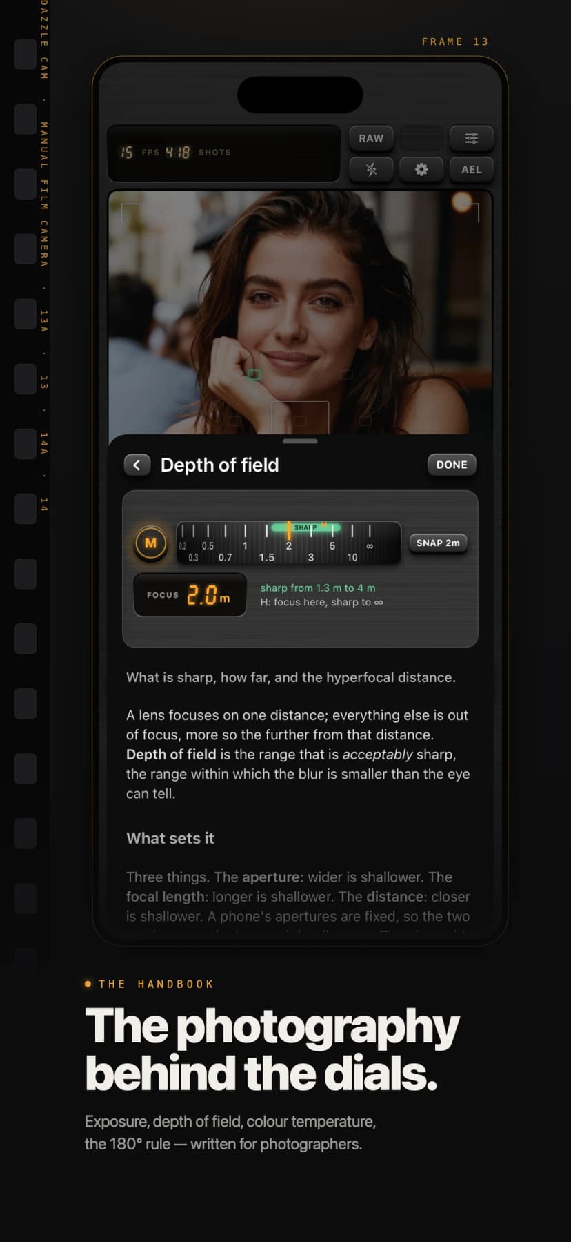 The built-in handbook with figures drawn from the camera itself