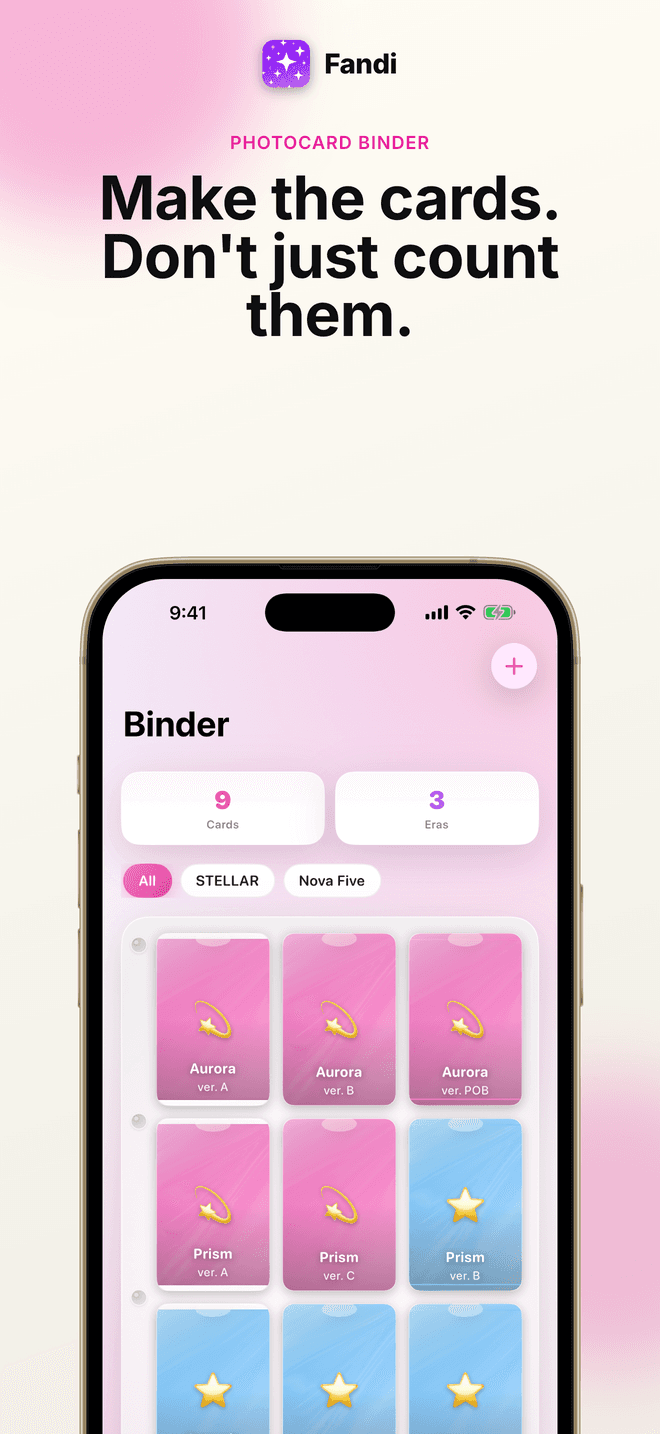 The binder — framed, foiled photocards in a ring binder you built yourself