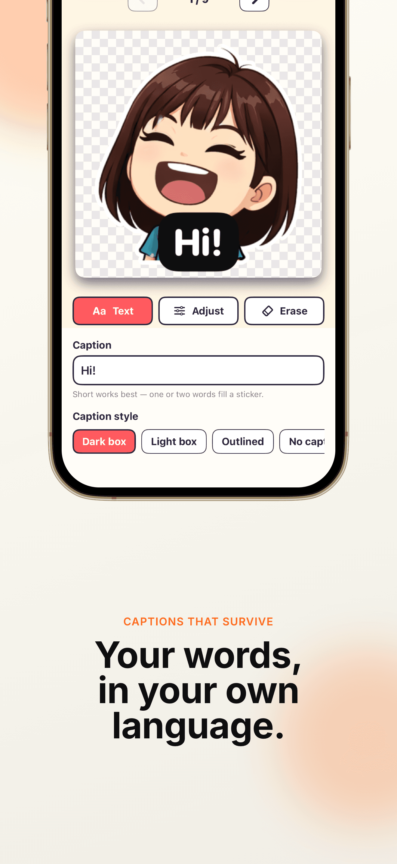 Editing a sticker caption in the sticker editor