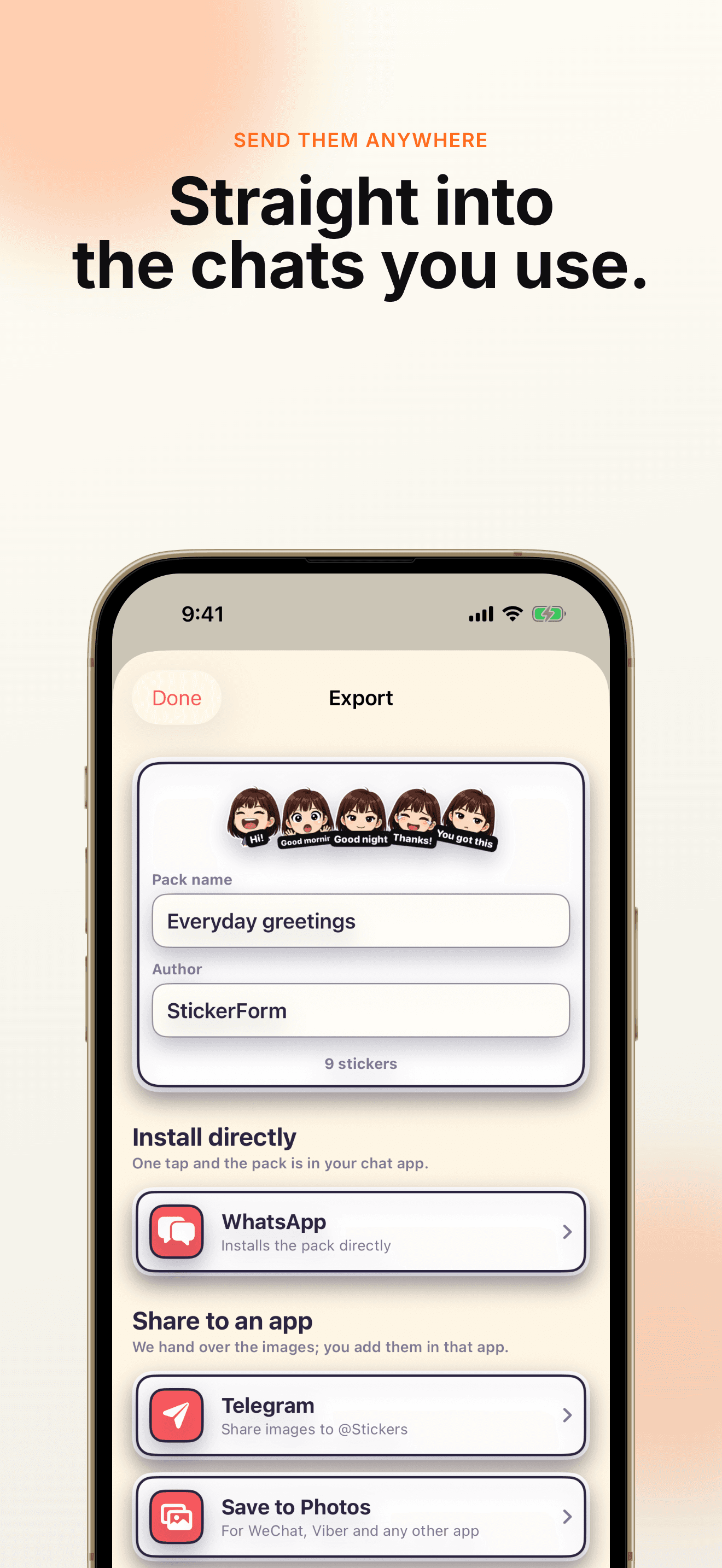 Exporting a pack to WhatsApp, Telegram, LINE and Kakao