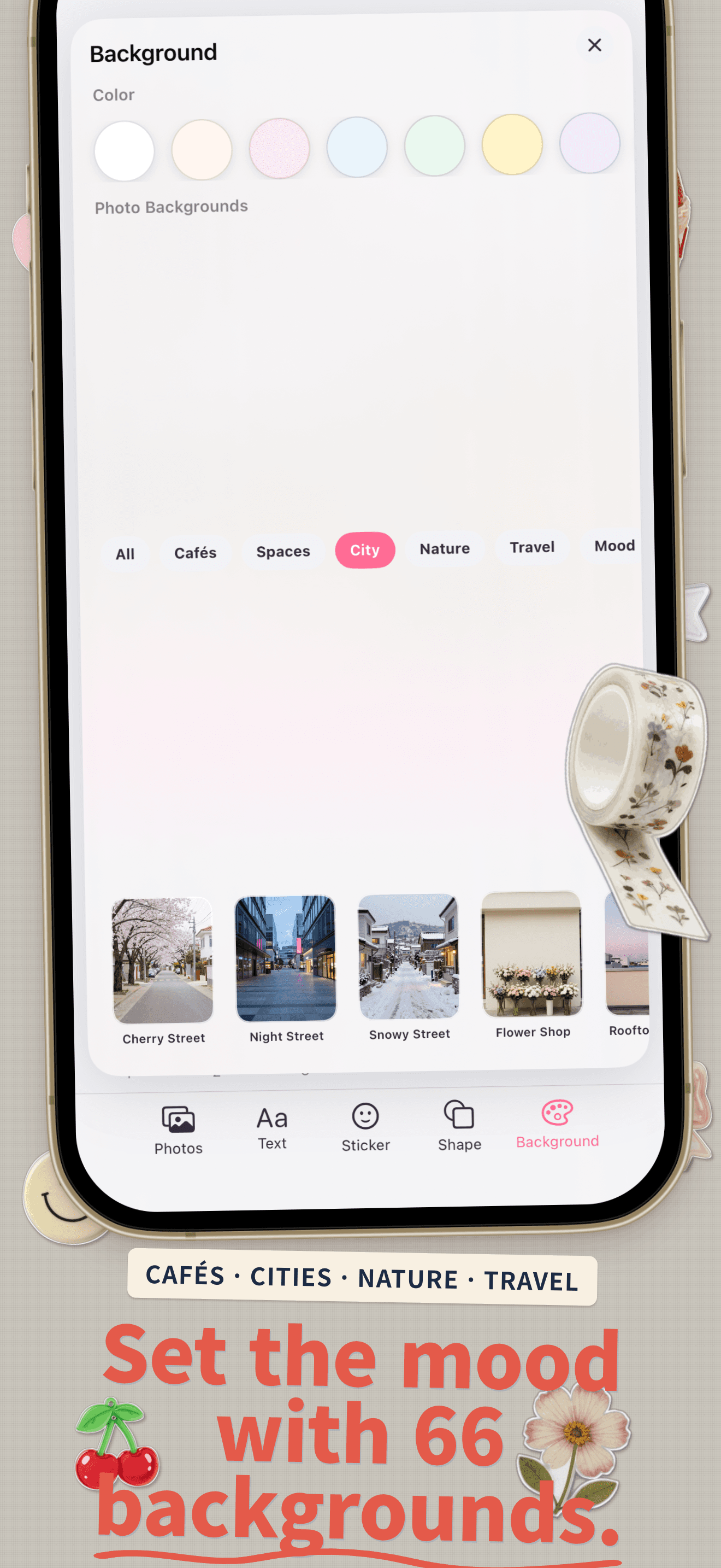 Editor with stickers, backgrounds, and text