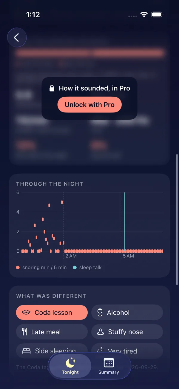 The analysis card: loudness bands, breaths per minute, tone, halves of the night
