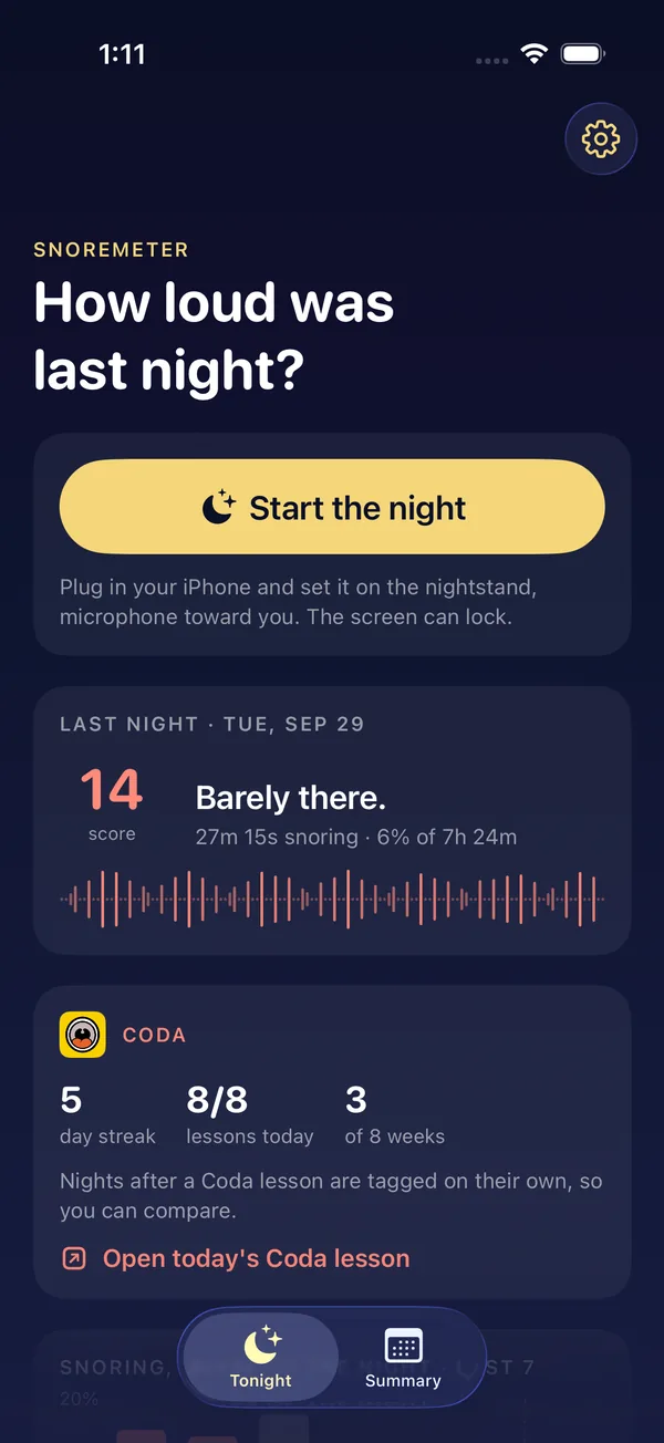 SnoreMeter's morning screen with last night's score